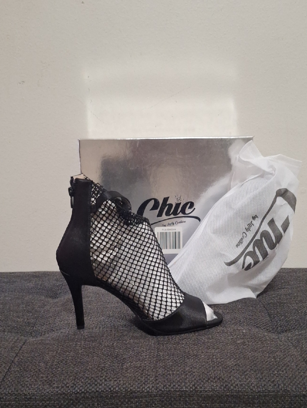 CHIC Black Fishnet Peep-Toe Stiletto Bootie with Back Zip